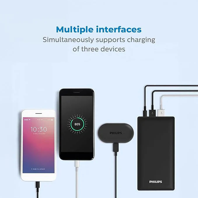 Philips 20000mAh Power Bank with 20W PD & QC3.0, USB-A & Type-C Ports (Black)